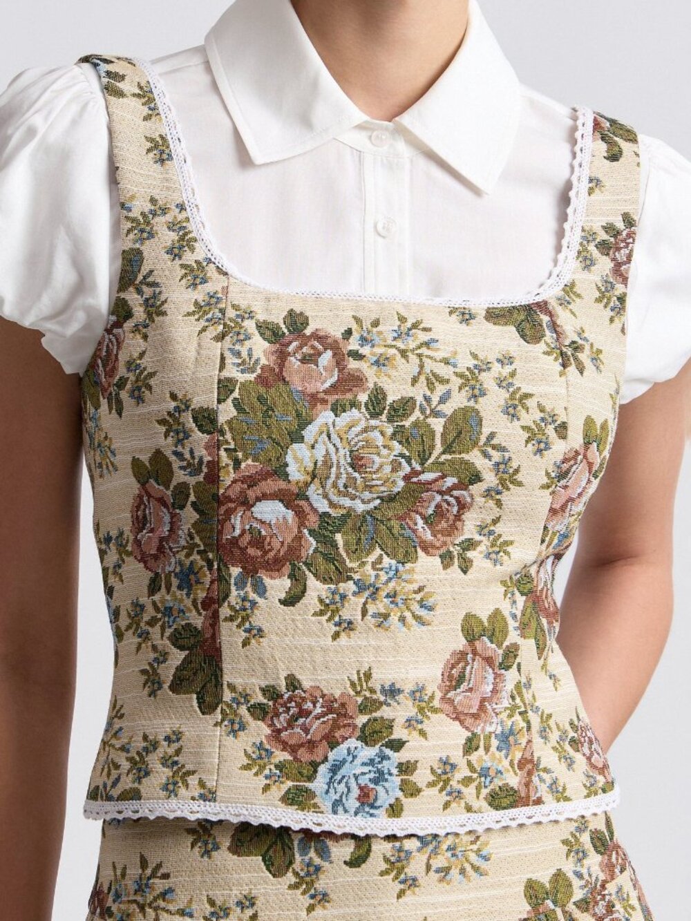 New Avec Les Filles Floral Brocade Lace Trim Neck Top Taupe XS - Picture 3 of 5